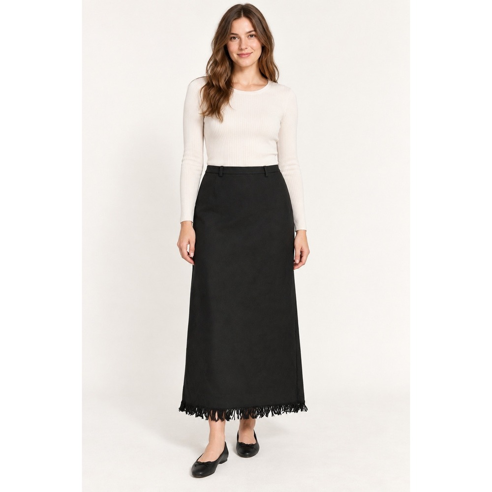 Eddie Bauer Maxi Skirt Womens 8 Black Excellent Fringed Wool Blend Lined Vent